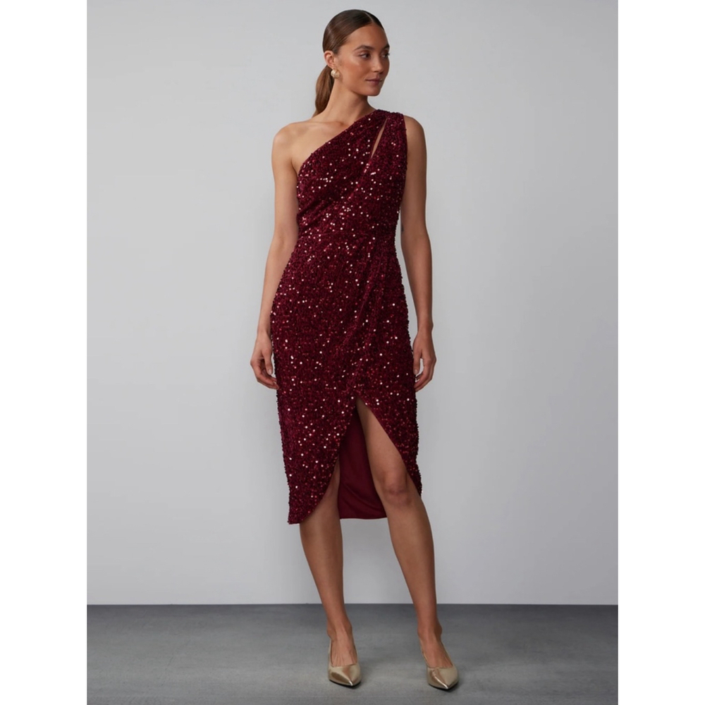 NWT New York & Company One Shoulder Velvet Sequin Cocktail Dress Size L Burgundy